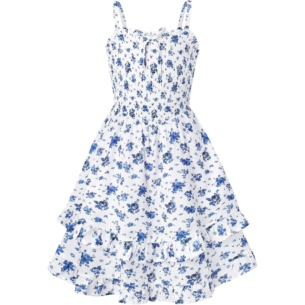 imageGRACE KARIN Girls Floral Summer Dress Tween Girl 2 Layerr Cami Smocked Dresses Boho Midi Sundress Size 716White Blue Floral
