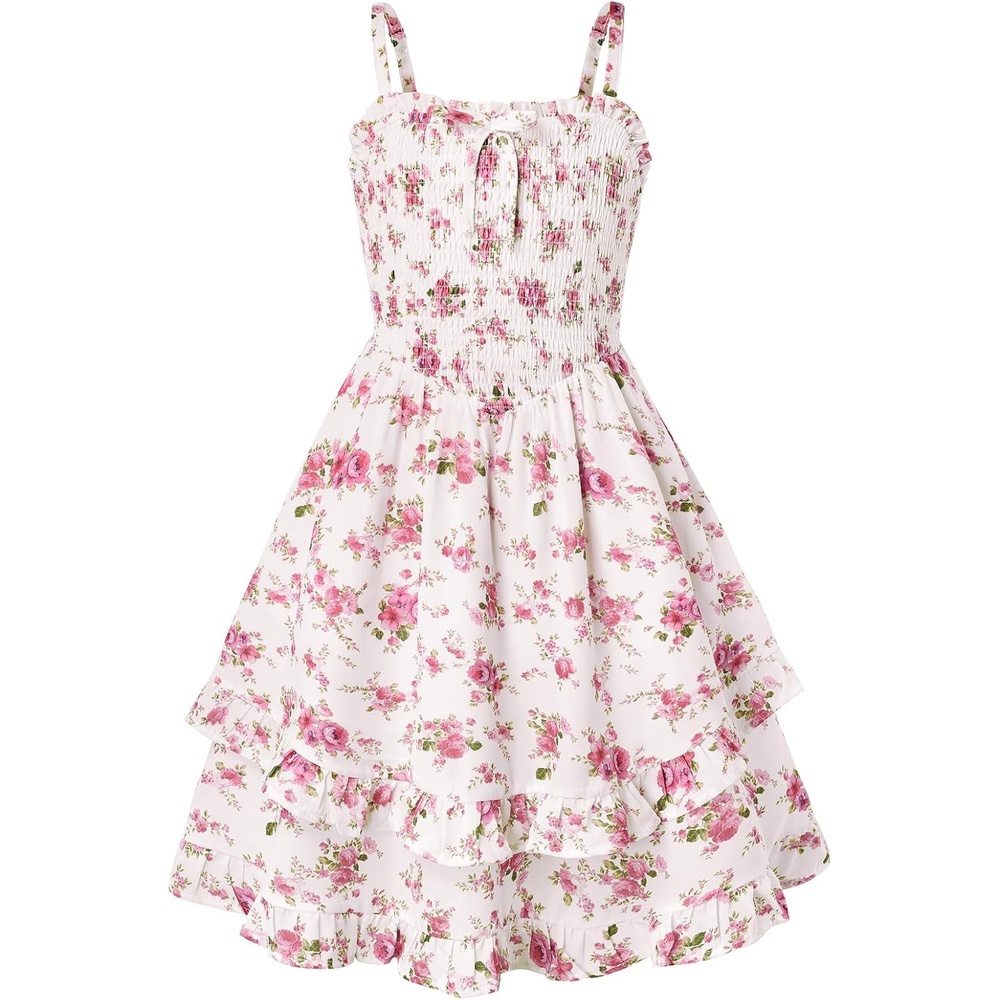 imageGRACE KARIN Girls Floral Summer Dress Tween Girl 2 Layerr Cami Smocked Dresses Boho Midi Sundress Size 716White Pink Floral
