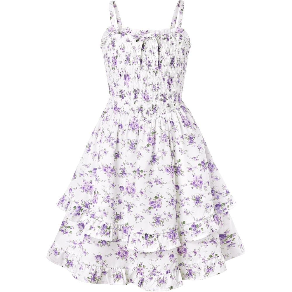 imageGRACE KARIN Girls Floral Summer Dress Tween Girl 2 Layerr Cami Smocked Dresses Boho Midi Sundress Size 716White Purple Floral