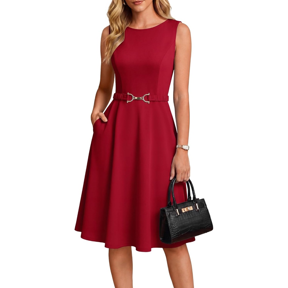 imageGRACE KARIN Womens Summer Work Dress 2026 Sleeveless Crewneck A Line Midi Dresses Belted Flowy Business Dresses with PocketsRed