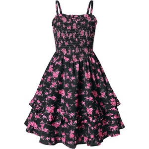 GRACE KARIN Girls Floral Summer Dress Tween Girl 2 Layerr Cami Smocked Dresses Boho Midi Sundress Size 7-16(Black Pink Floral)