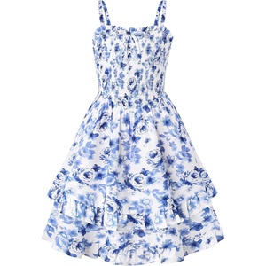GRACE KARIN Girls Floral Summer Dress Tween Girl 2 Layerr Cami Smocked Dresses Boho Midi Sundress Size 7-16(Blue Big Floral)