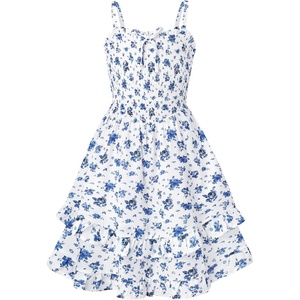 GRACE KARIN Girls Floral Summer Dress Tween Girl 2 Layerr Cami Smocked Dresses Boho Midi Sundress Size 7-16(White Blue Floral)