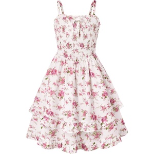 GRACE KARIN Girls Floral Summer Dress Tween Girl 2 Layerr Cami Smocked Dresses Boho Midi Sundress Size 7-16(White Pink Floral)