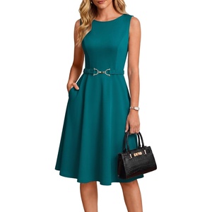 GRACE KARIN Women’s Summer Work Dress 2026 Sleeveless Crewneck A Line Midi Dresses Belted Flowy Business Dresses with Pockets(Blue Green)
