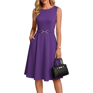 GRACE KARIN Women’s Summer Work Dress 2026 Sleeveless Crewneck A Line Midi Dresses Belted Flowy Business Dresses with Pockets(Grape Purple)