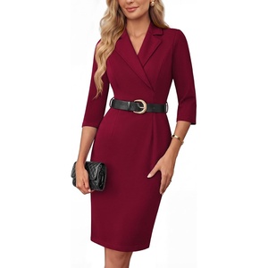 GRACE KARIN Women’s Work Midi Dresses 2026 Summer 3/4 Sleeve Church Bodycon Dresses Pencil Office Business Dress with Belt(Wine)