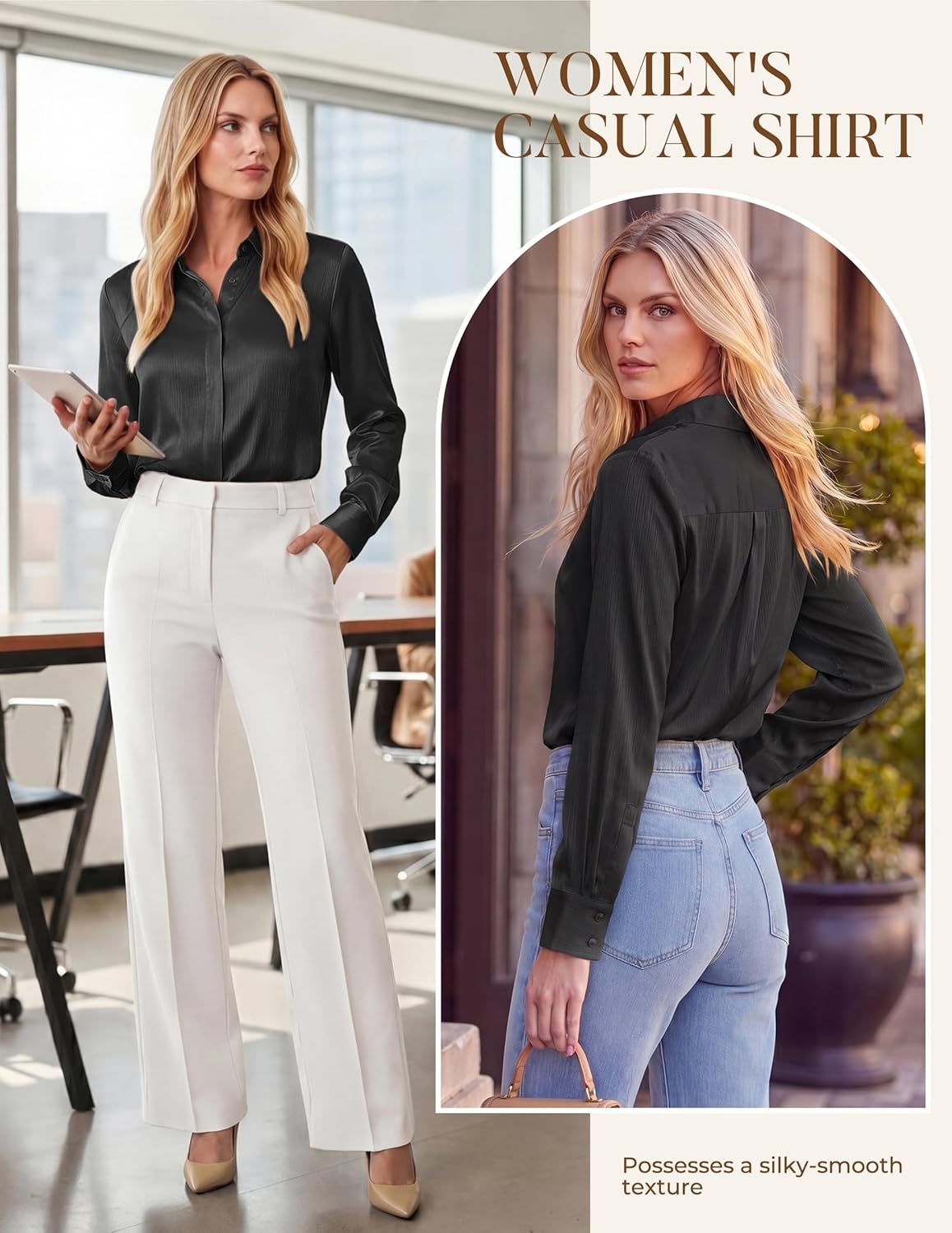 image:imageGRACE KARIN 2026 Womens Silky Satin Button Down Shirts Long Sleeve Work Blouses Dressy Casual TopsBlack