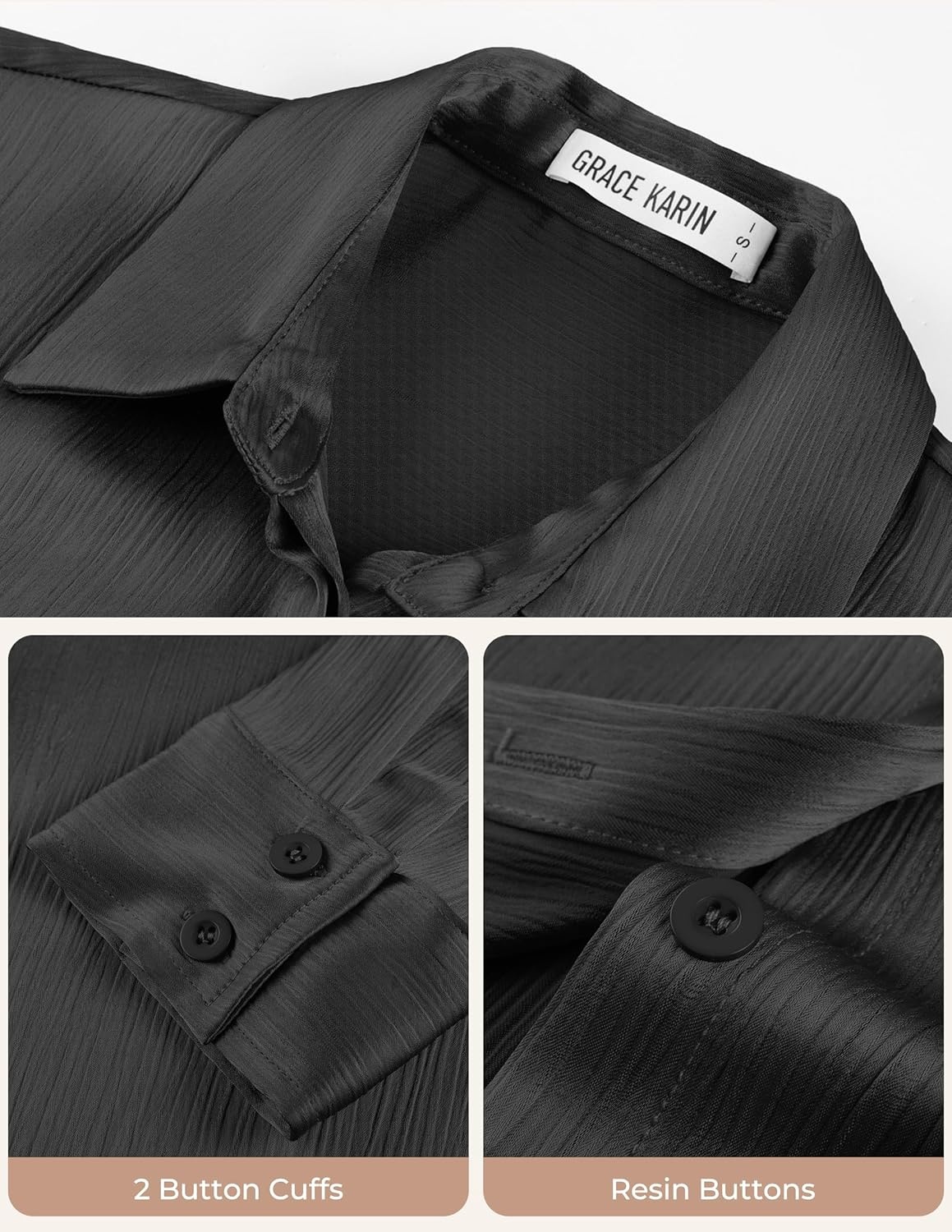 image:imageGRACE KARIN 2026 Womens Silky Satin Button Down Shirts Long Sleeve Work Blouses Dressy Casual TopsBlack