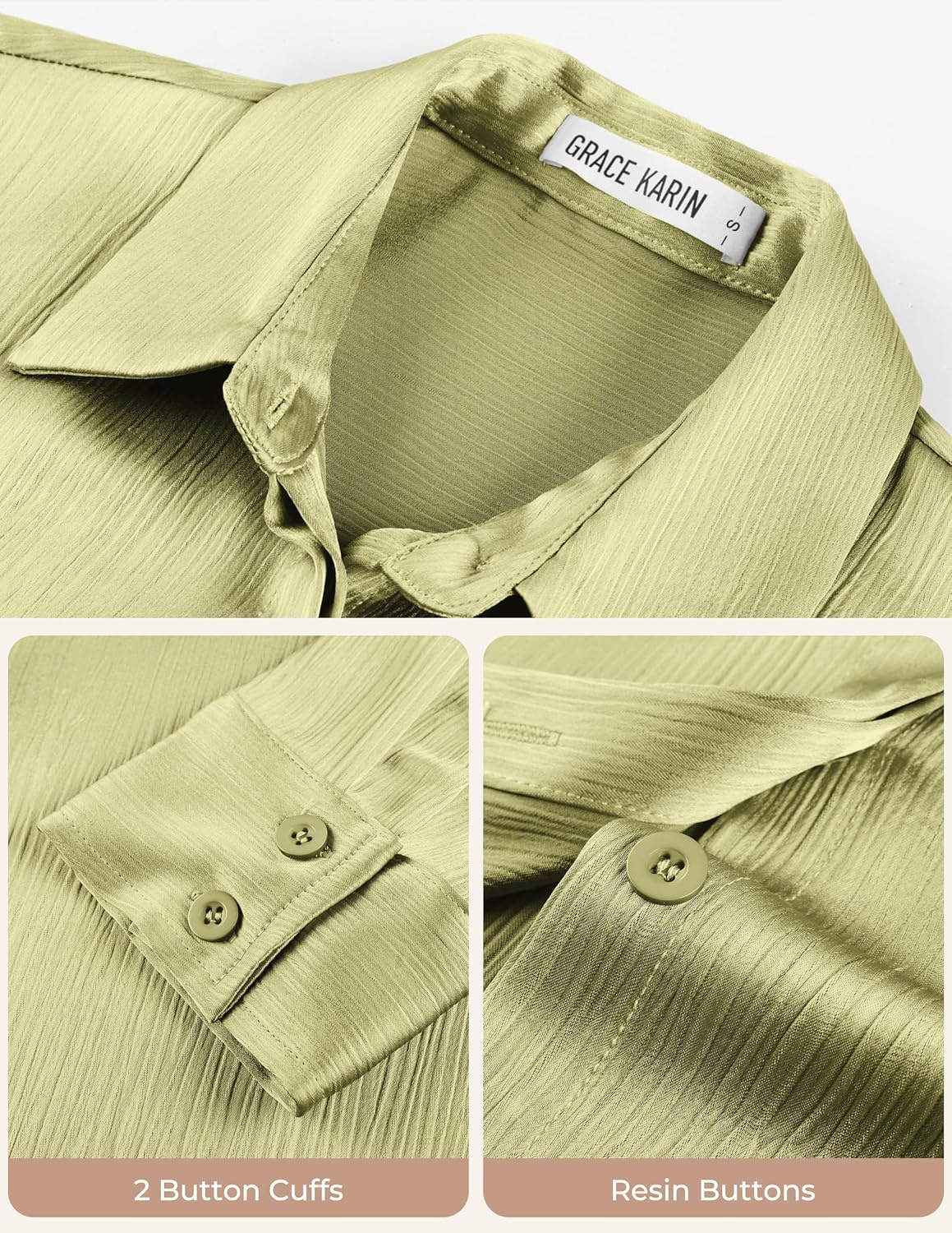 image:imageGRACE KARIN 2026 Womens Silky Satin Button Down Shirts Long Sleeve Work Blouses Dressy Casual TopsClover Green