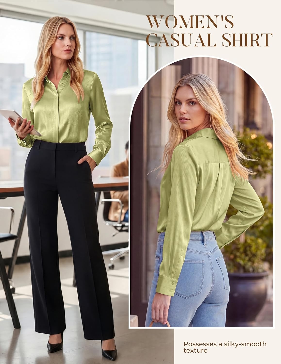 image:imageGRACE KARIN 2026 Womens Silky Satin Button Down Shirts Long Sleeve Work Blouses Dressy Casual TopsClover Green
