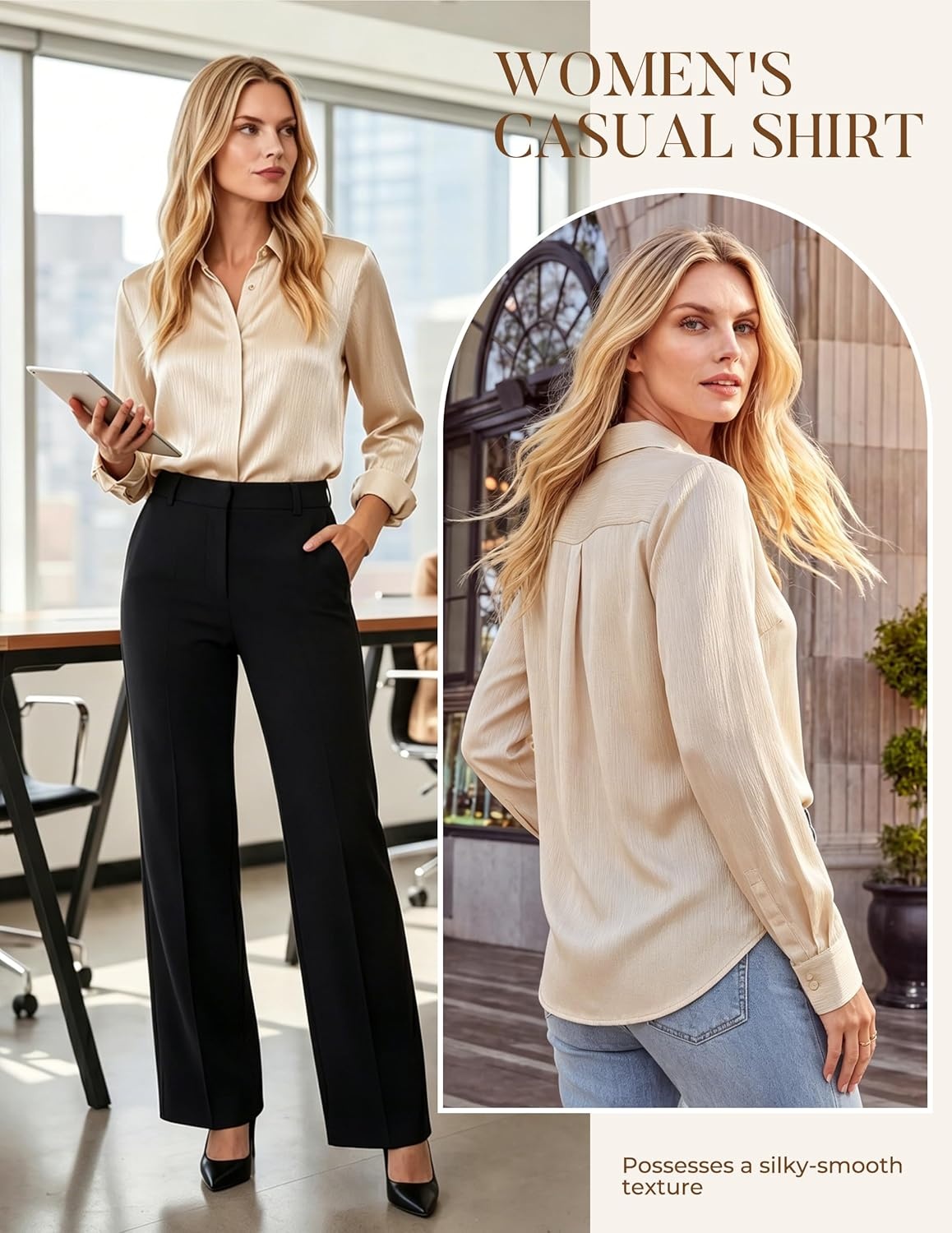 image:imageGRACE KARIN 2026 Womens Silky Satin Button Down Shirts Long Sleeve Work Blouses Dressy Casual TopsLight Camel