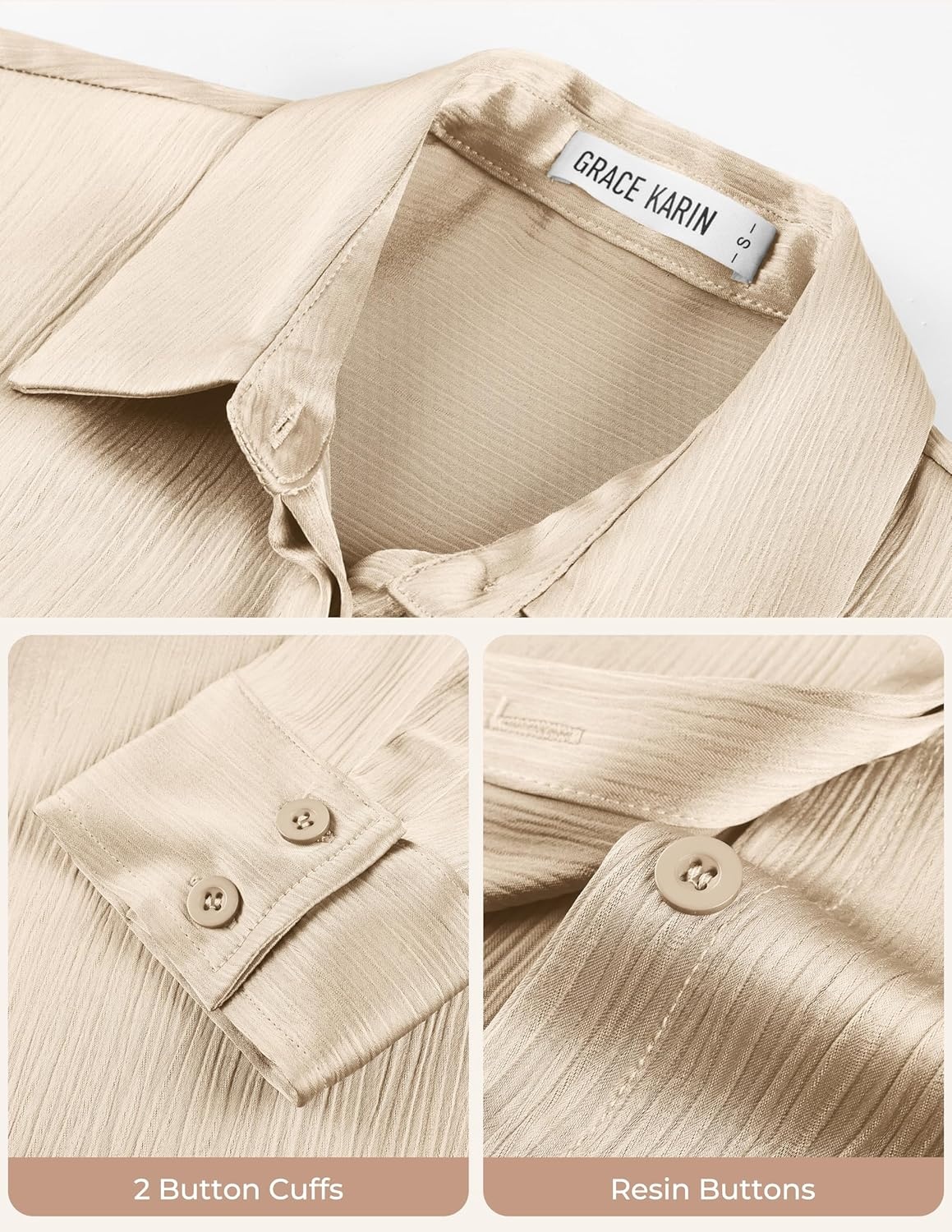 image:imageGRACE KARIN 2026 Womens Silky Satin Button Down Shirts Long Sleeve Work Blouses Dressy Casual TopsLight Camel