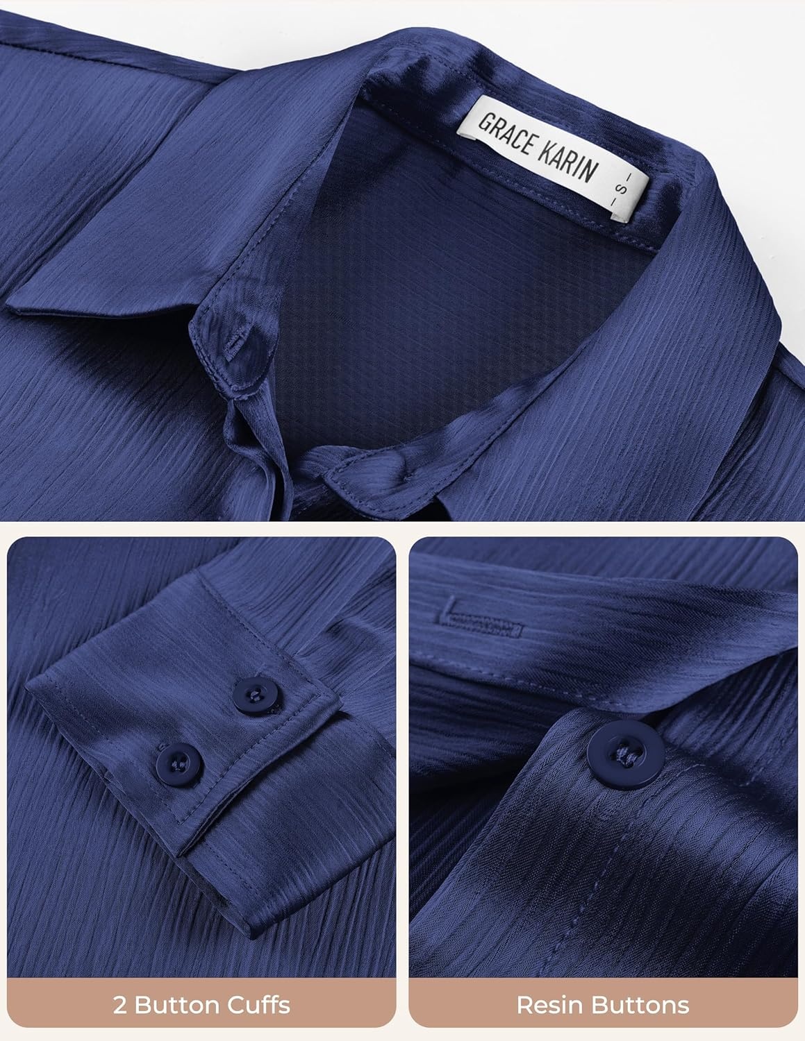 image:imageGRACE KARIN 2026 Womens Silky Satin Button Down Shirts Long Sleeve Work Blouses Dressy Casual TopsNavy Blue