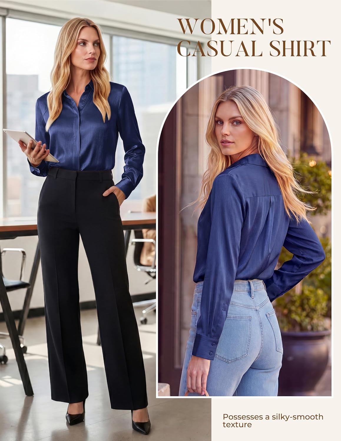 image:imageGRACE KARIN 2026 Womens Silky Satin Button Down Shirts Long Sleeve Work Blouses Dressy Casual TopsNavy Blue