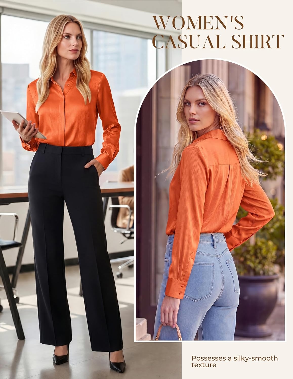 image:imageGRACE KARIN 2026 Womens Silky Satin Button Down Shirts Long Sleeve Work Blouses Dressy Casual TopsRed Orange