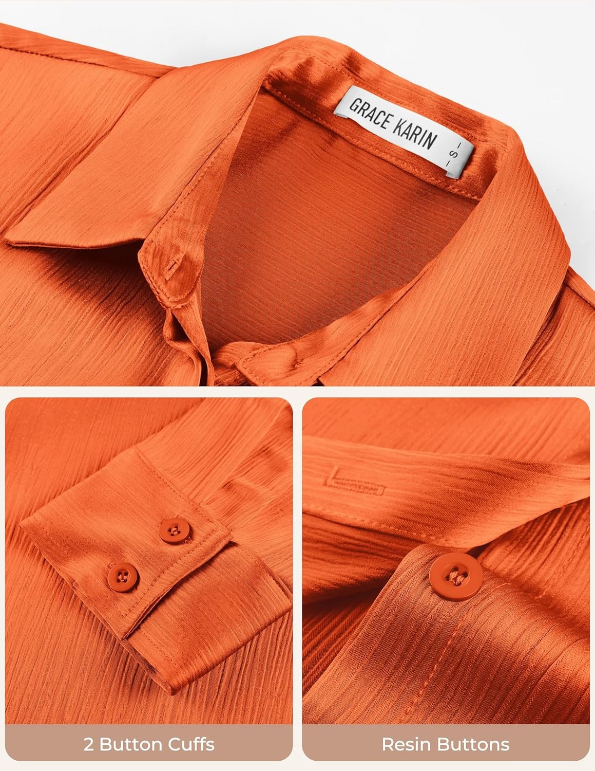 image:imageGRACE KARIN 2026 Womens Silky Satin Button Down Shirts Long Sleeve Work Blouses Dressy Casual TopsRed Orange
