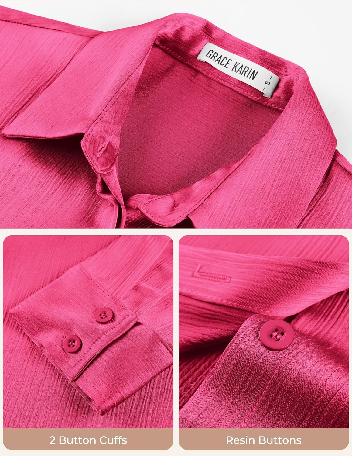 image:imageGRACE KARIN 2026 Womens Silky Satin Button Down Shirts Long Sleeve Work Blouses Dressy Casual TopsRose Pink