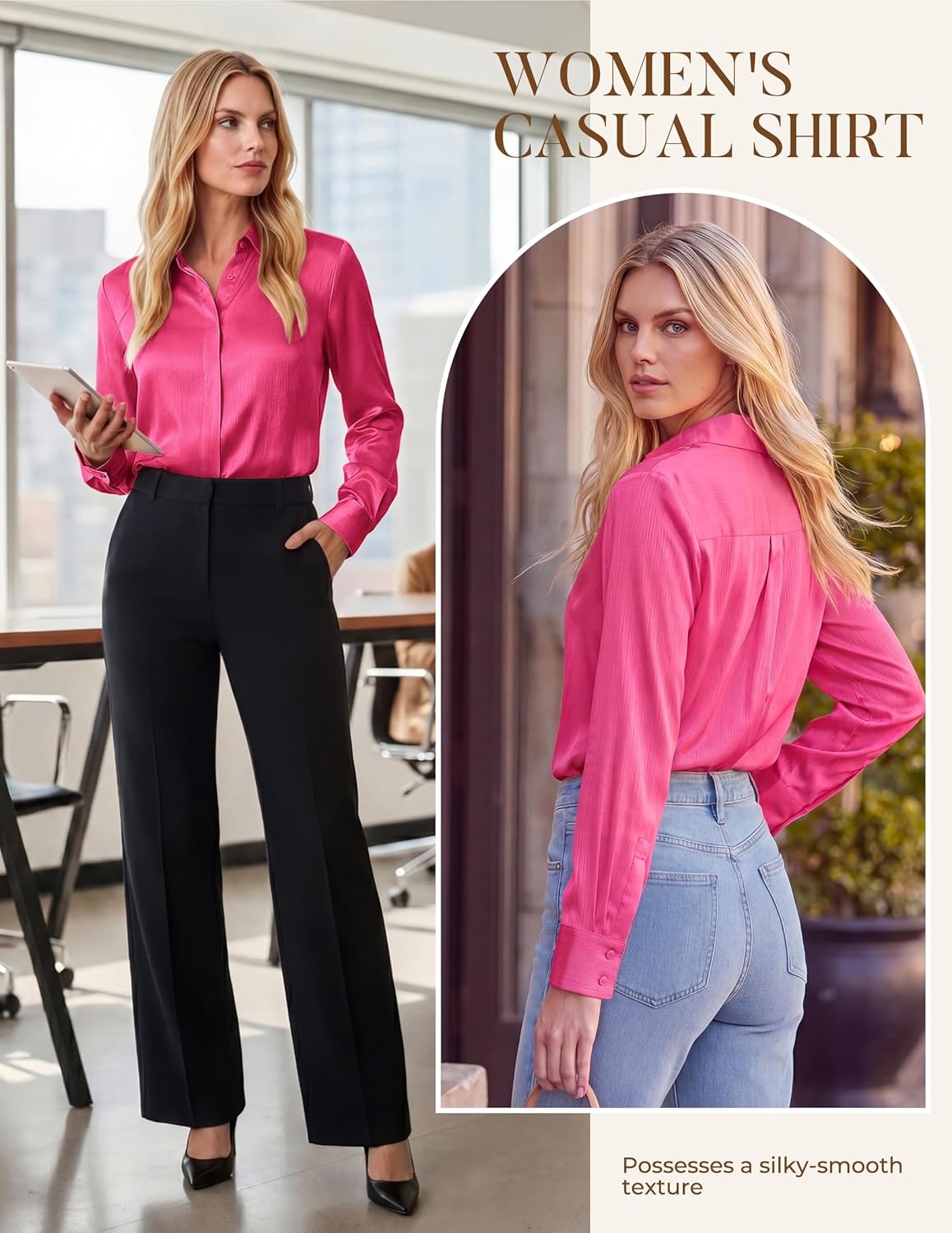 image:imageGRACE KARIN 2026 Womens Silky Satin Button Down Shirts Long Sleeve Work Blouses Dressy Casual TopsRose Pink