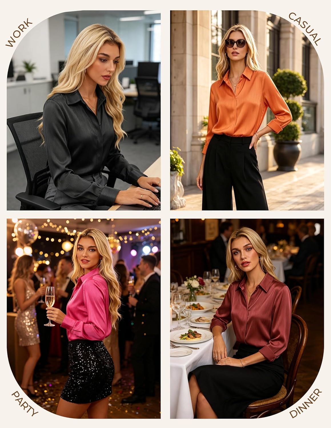 image:imageGRACE KARIN 2026 Womens Silky Satin Button Down Shirts Long Sleeve Work Blouses Dressy Casual TopsRose Pink