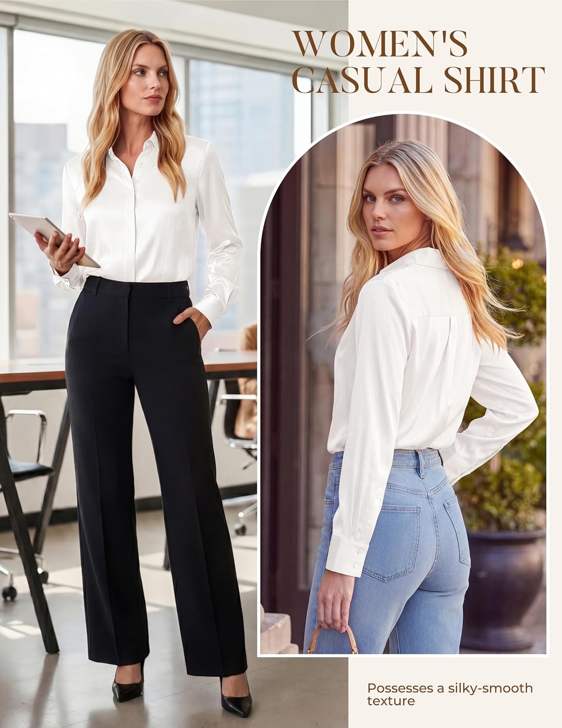image:imageGRACE KARIN 2026 Womens Silky Satin Button Down Shirts Long Sleeve Work Blouses Dressy Casual TopsWhite