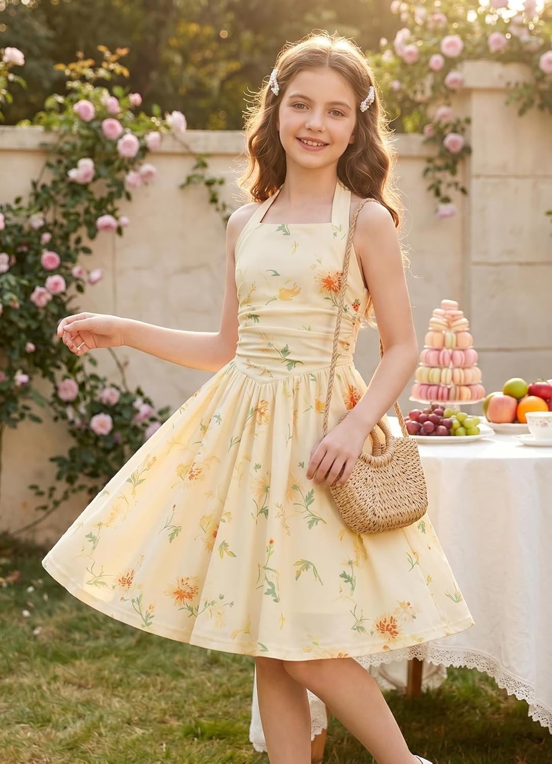 imageGRACE KARIN Girls Floral Summer Dress Spring Holiday Beach Party Sundress Halter Neck Tie Backless Dresses 716 YearsPale Yellow Floral