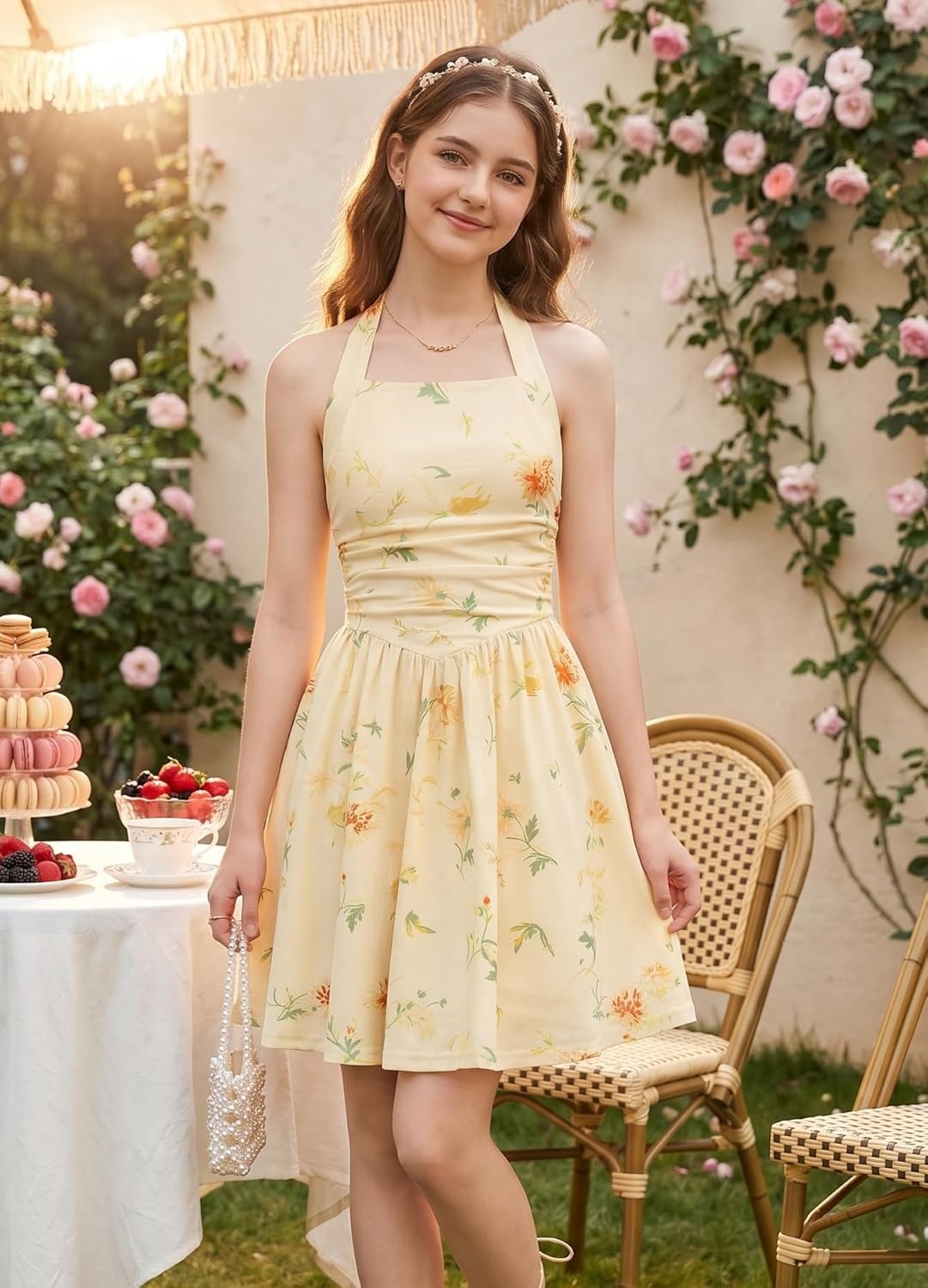 imageGRACE KARIN Girls Floral Summer Dress Spring Holiday Beach Party Sundress Halter Neck Tie Backless Dresses 716 YearsPale Yellow Floral