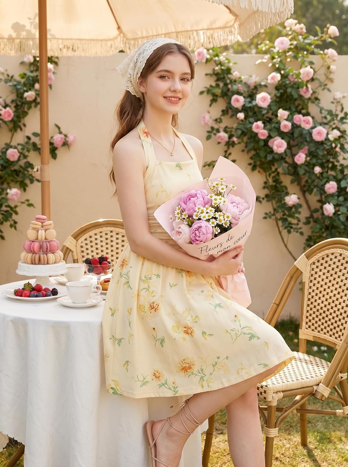 imageGRACE KARIN Girls Floral Summer Dress Spring Holiday Beach Party Sundress Halter Neck Tie Backless Dresses 716 YearsPale Yellow Floral