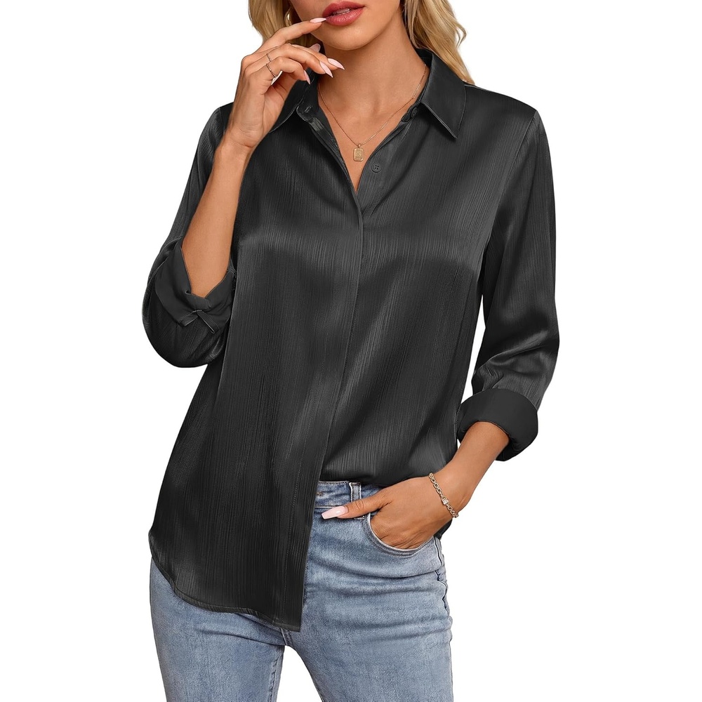 image:imageGRACE KARIN 2026 Womens Silky Satin Button Down Shirts Long Sleeve Work Blouses Dressy Casual TopsBlack