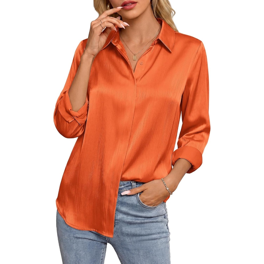 image:imageGRACE KARIN 2026 Womens Silky Satin Button Down Shirts Long Sleeve Work Blouses Dressy Casual TopsRed Orange
