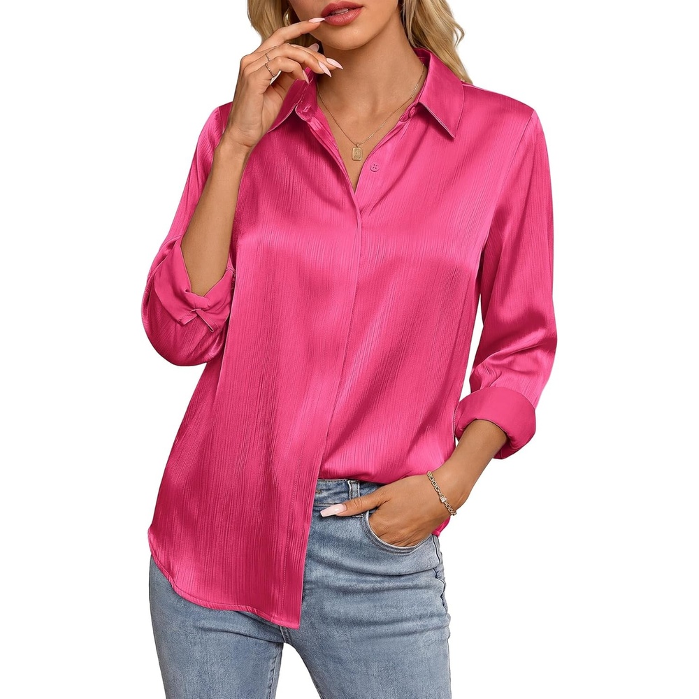 image:imageGRACE KARIN 2026 Womens Silky Satin Button Down Shirts Long Sleeve Work Blouses Dressy Casual TopsRose Pink