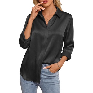 GRACE KARIN 2026 Womens Silky Satin Button Down Shirts Long Sleeve Work Blouses Dressy Casual Tops(Black)