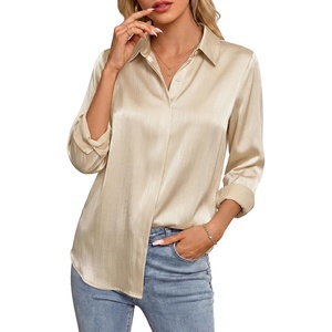 GRACE KARIN 2026 Womens Silky Satin Button Down Shirts Long Sleeve Work Blouses Dressy Casual Tops(Light Camel)