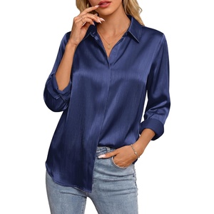 GRACE KARIN 2026 Womens Silky Satin Button Down Shirts Long Sleeve Work Blouses Dressy Casual Tops(Navy Blue)