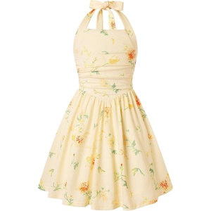 GRACE KARIN Girls Floral Summer Dress Spring Holiday Beach Party Sundress Halter Neck Tie Backless Dresses 7-16 Years(Pale Yellow Floral)
