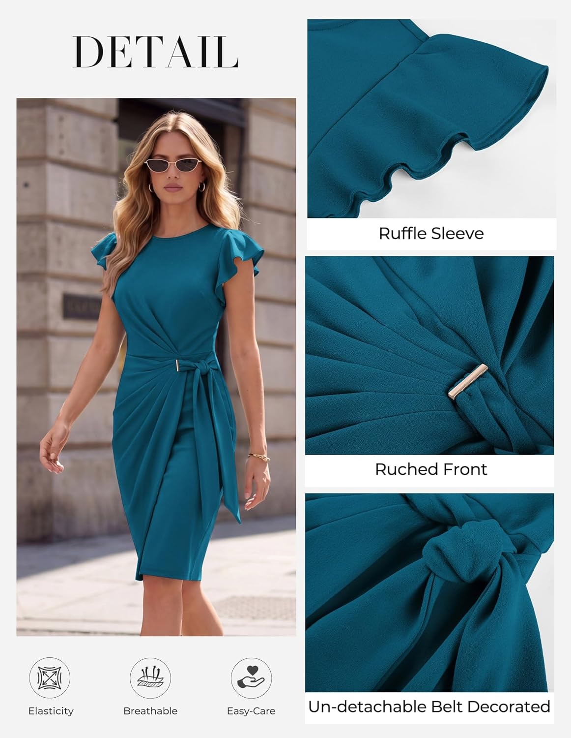 image:imageGRACE KARIN Church Dresses for WomenRuffle Short Sleeve Work DressRuched Bodycon Business Midi DressDeep Peacock Blue