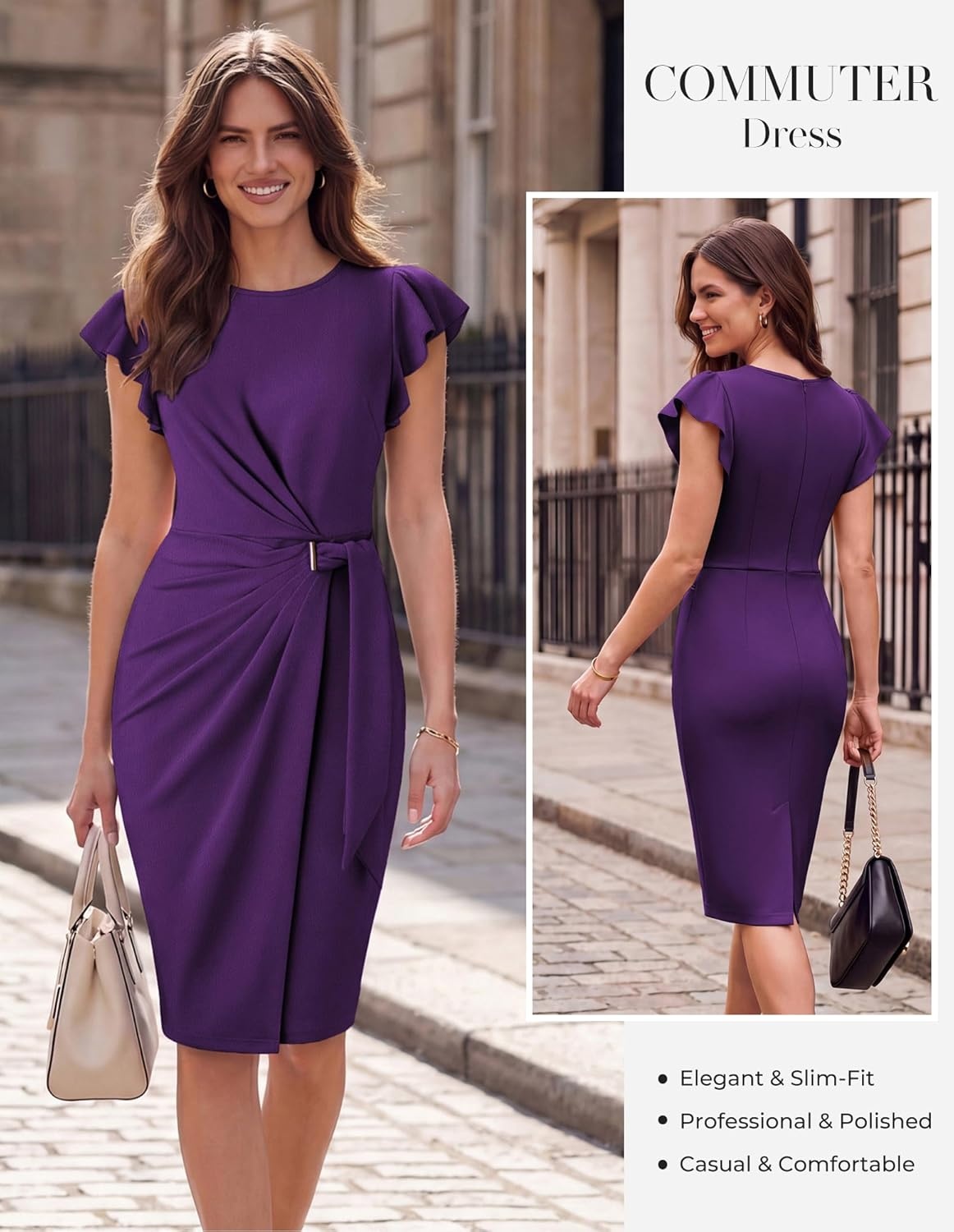 image:imageGRACE KARIN Church Dresses for WomenRuffle Short Sleeve Work DressRuched Bodycon Business Midi DressDeep Purple