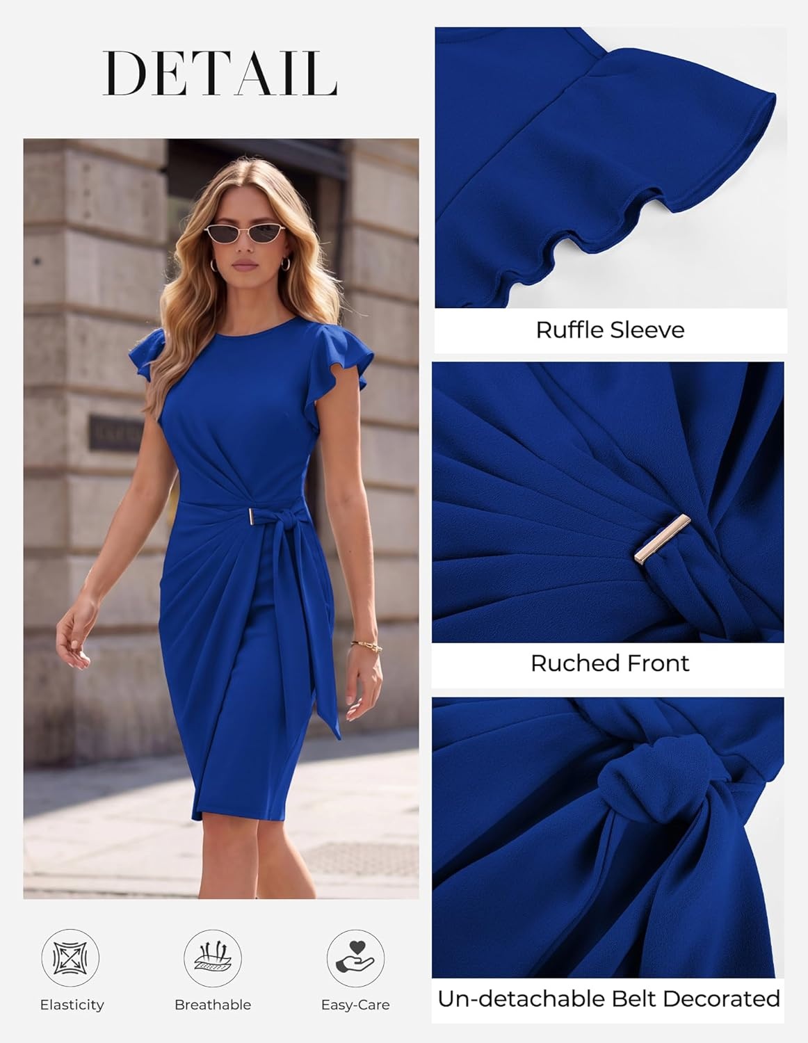 image:imageGRACE KARIN Church Dresses for WomenRuffle Short Sleeve Work DressRuched Bodycon Business Midi DressRoyal Blue