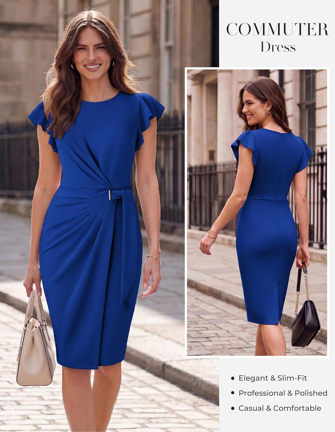 image:imageGRACE KARIN Church Dresses for WomenRuffle Short Sleeve Work DressRuched Bodycon Business Midi DressRoyal Blue