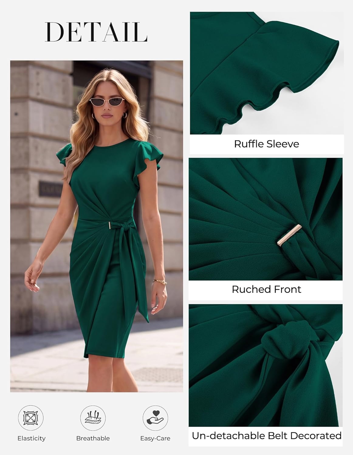 image:imageGRACE KARIN Church Dresses for WomenRuffle Short Sleeve Work DressRuched Bodycon Business Midi DressVerdant Green