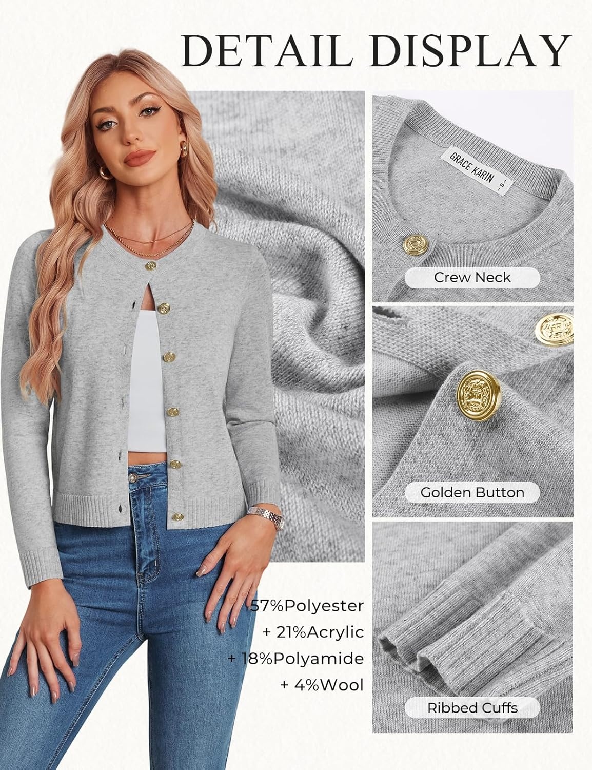 image:imageGRACE KARIN Womens Cropped Cardigan Sweater Wool Button Up Sweaters Lightweight Soft 2026 Outfits Trendy Casual WorkGrey