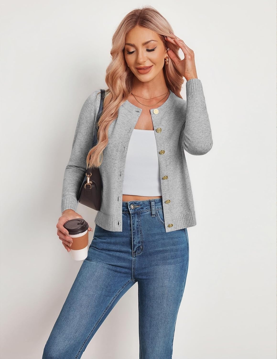 image:imageGRACE KARIN Womens Cropped Cardigan Sweater Wool Button Up Sweaters Lightweight Soft 2026 Outfits Trendy Casual WorkGrey
