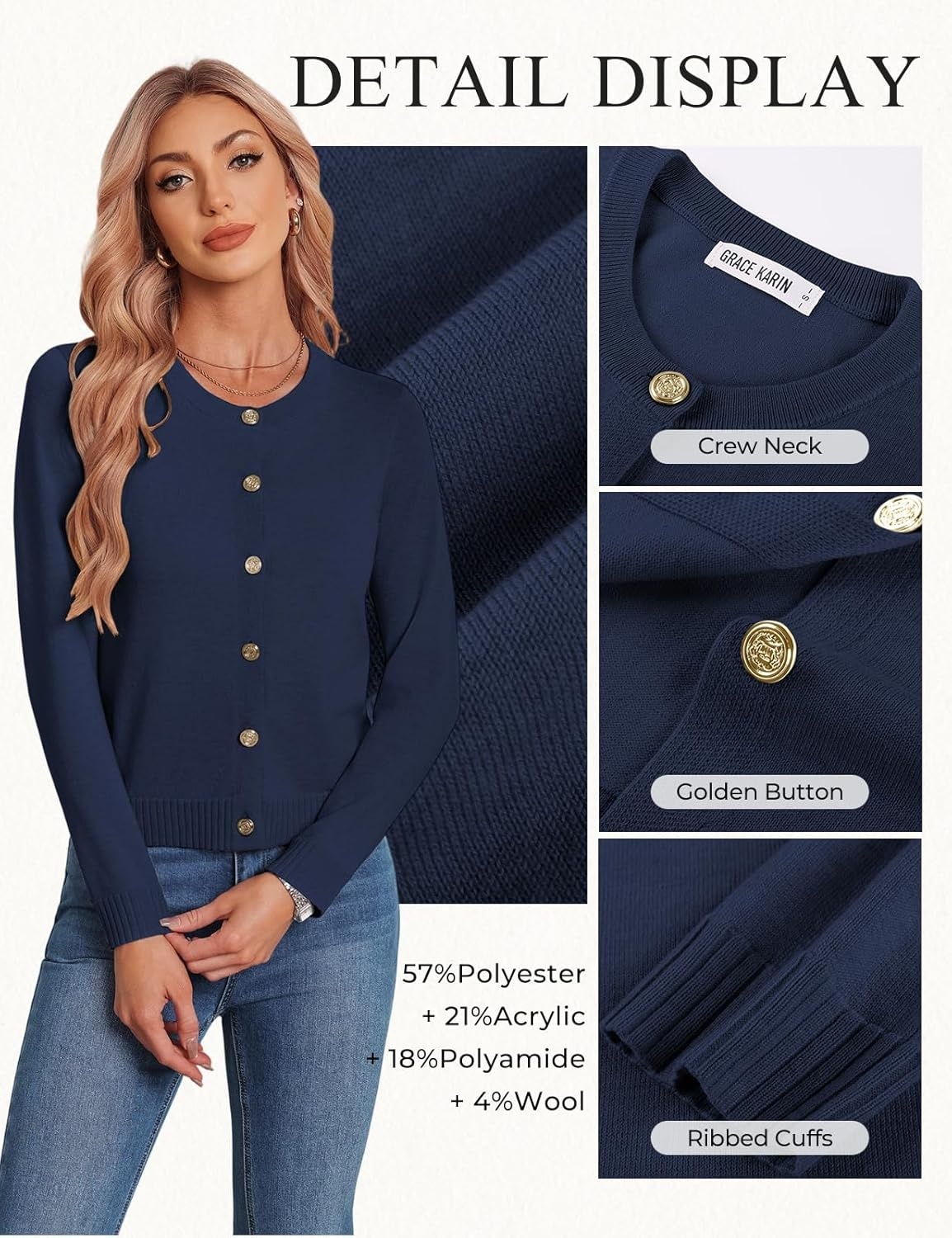 image:imageGRACE KARIN Womens Cropped Cardigan Sweater Wool Button Up Sweaters Lightweight Soft 2026 Outfits Trendy Casual WorkNavy Blue