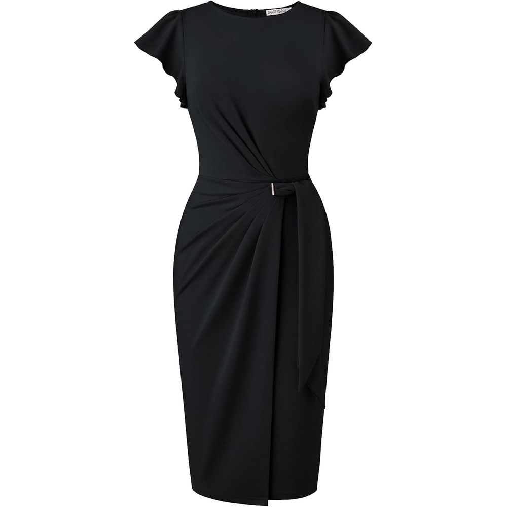 image:imageGRACE KARIN Church Dresses for WomenRuffle Short Sleeve Work DressRuched Bodycon Business Midi DressBlack
