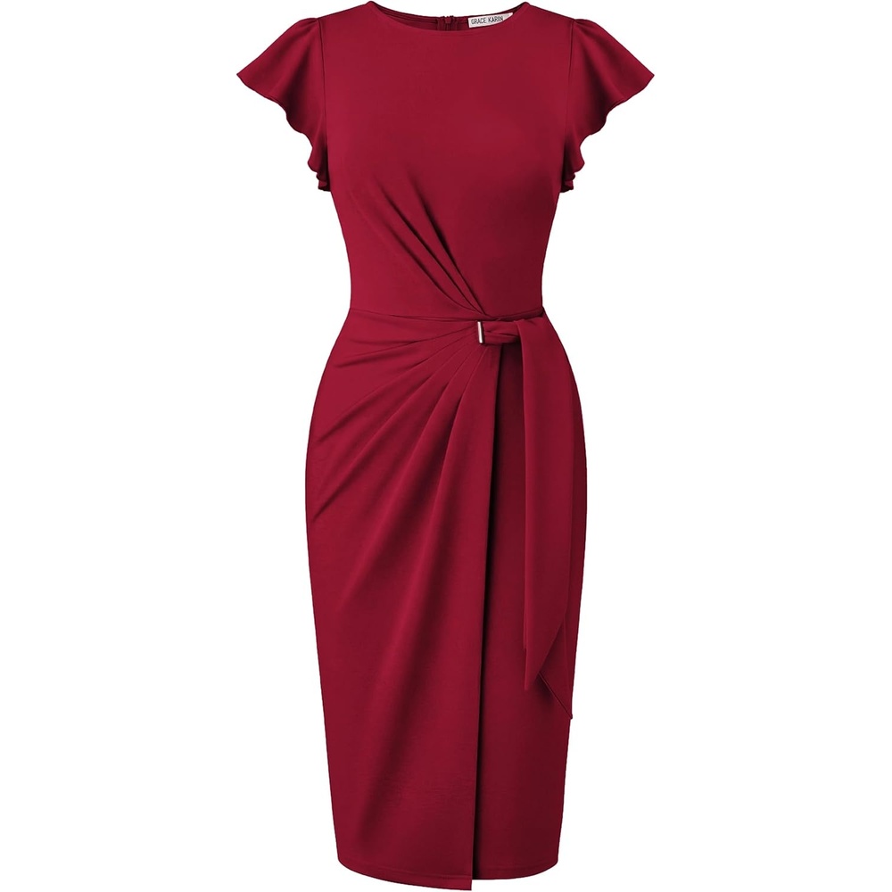 image:imageGRACE KARIN Church Dresses for WomenRuffle Short Sleeve Work DressRuched Bodycon Business Midi DressDark Red