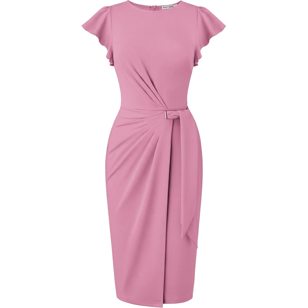 image:imageGRACE KARIN Church Dresses for WomenRuffle Short Sleeve Work DressRuched Bodycon Business Midi DressGray Pink