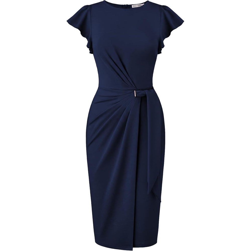 image:imageGRACE KARIN Church Dresses for WomenRuffle Short Sleeve Work DressRuched Bodycon Business Midi DressNavy Blue