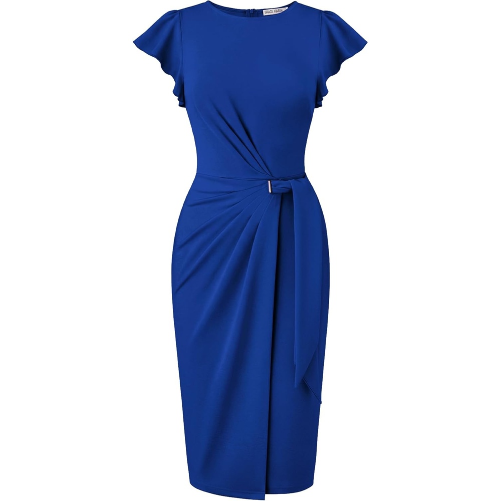 image:imageGRACE KARIN Church Dresses for WomenRuffle Short Sleeve Work DressRuched Bodycon Business Midi DressRoyal Blue