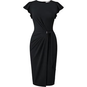 GRACE KARIN Church Dresses for Women,Ruffle Short Sleeve Work Dress,Ruched Bodycon Business Midi Dress(Black)