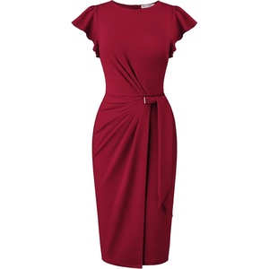 GRACE KARIN Church Dresses for Women,Ruffle Short Sleeve Work Dress,Ruched Bodycon Business Midi Dress(Dark Red)